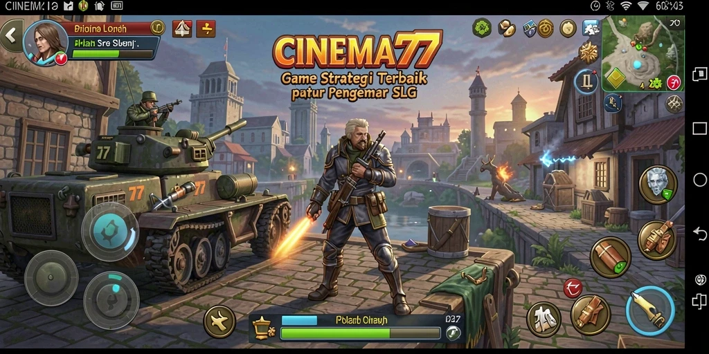 Screenshot menampilkan pertempuran strategis epik dalam CINEMA77.