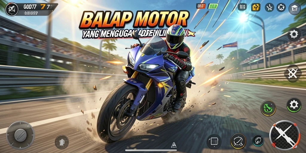 Tampilan screenshot gameplay GOD77 dengan balapan motor yang seru.
