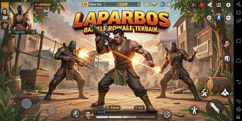 Screenshot utama LAPARBOS menampilkan aksi seru dalam permainan Battle Royale.