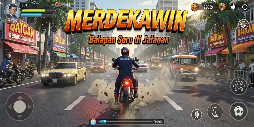 Tampilan menarik gameplay balapan seru di MERDEKAWIN.