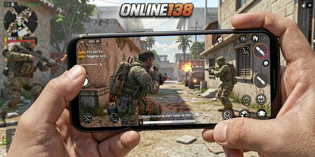 Screenshot utama ONLINE138 menampilkan aksi tembak-menembak yang intens.