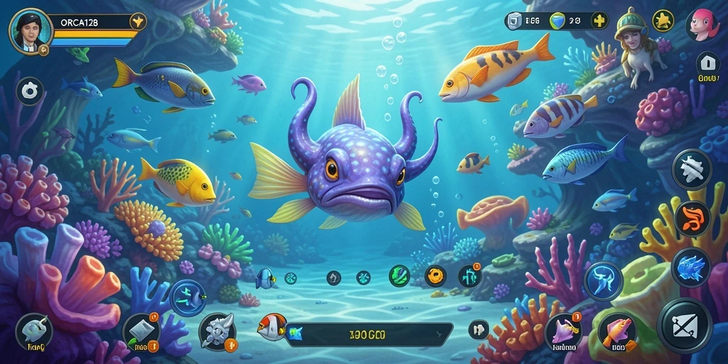 Tampilan gameplay <strong>ORCA128</strong> yang menegangkan saat menyelam di laut dalam.