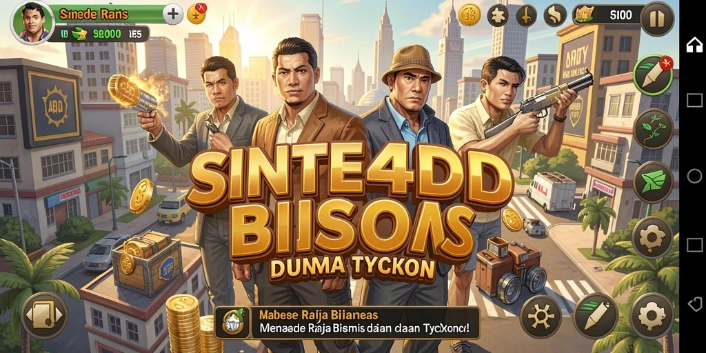 Tampilan gameplay SINTE4D yang menampilkan pembangunan bisnis.