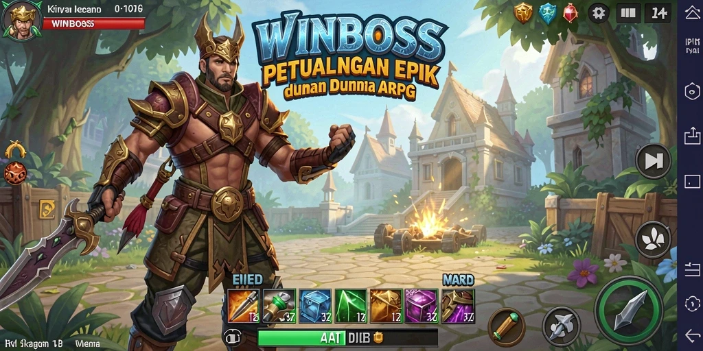 Tangkapan layar gameplay WINBOSS menampilkan pertempuran seru di dunia fantasi.